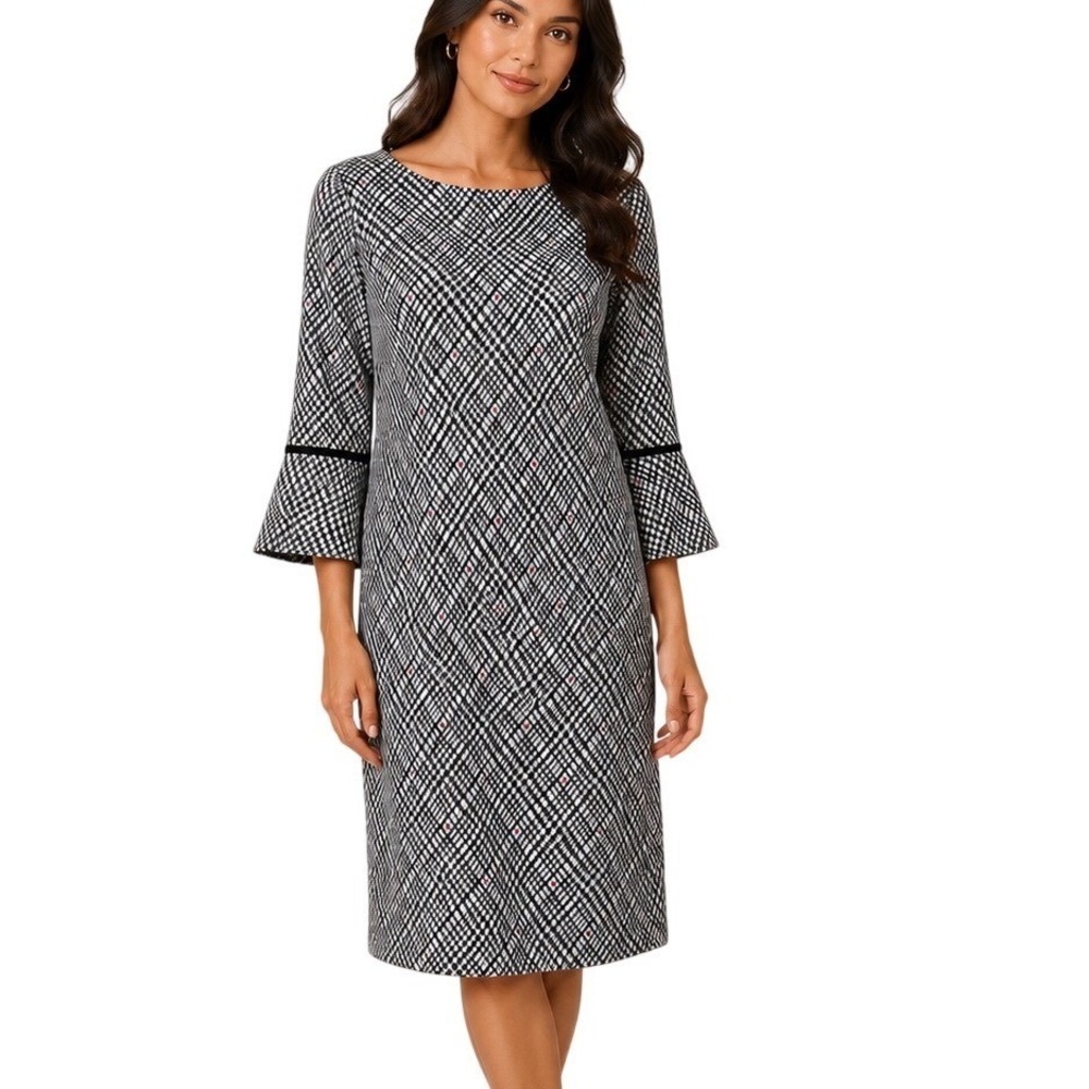 En Focus Studio Women Black White Shift 10 Bell Sleeve Geometric Knit‎ Dress NEW